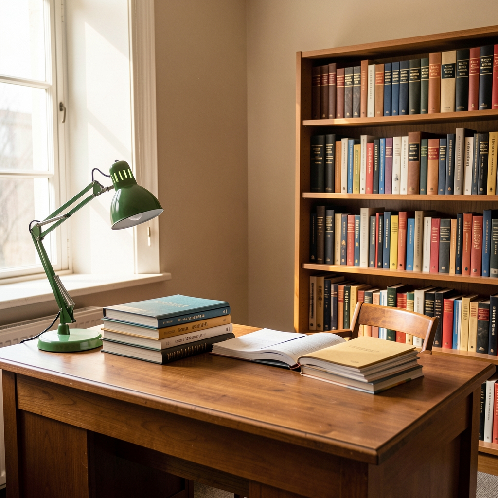 Small editorial office interior with a wooden desk, stacked notebooks, a green desk lamp, and shelves of reference books in warm natural daylight