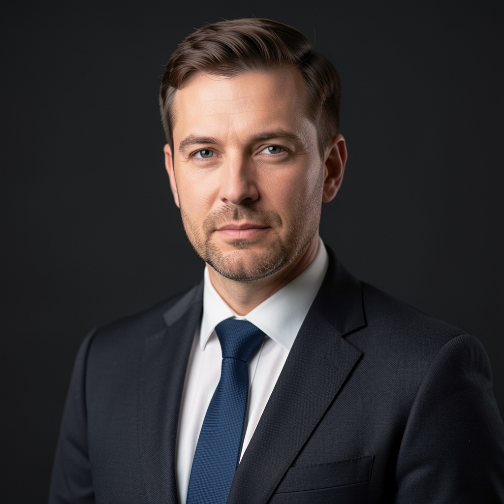 Editorial portrait of a man in his early forties, studio lighting, dark background, calm and thoughtful expression, well-dressed