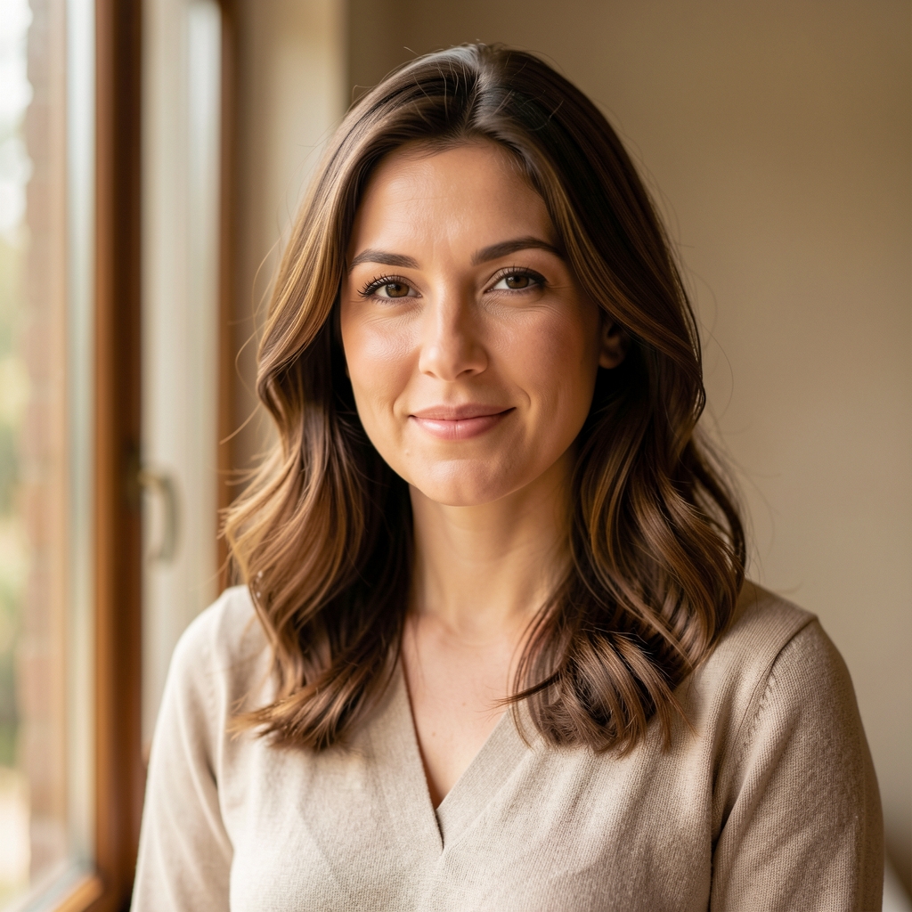 Editorial portrait of a woman in her early thirties, natural light near a window, relaxed pose, warm neutral tones in the background