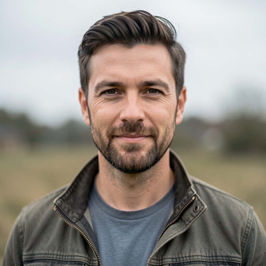 Editorial portrait of a man in his late thirties, outdoors in soft overcast daylight, relaxed and direct gaze, casual editorial style