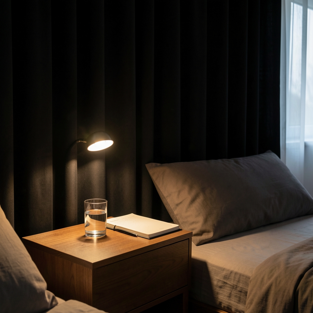 Dimly lit bedroom interior with blackout curtains drawn, a low reading lamp casting warm light on a wooden bedside table with a glass of water and a sleep journal