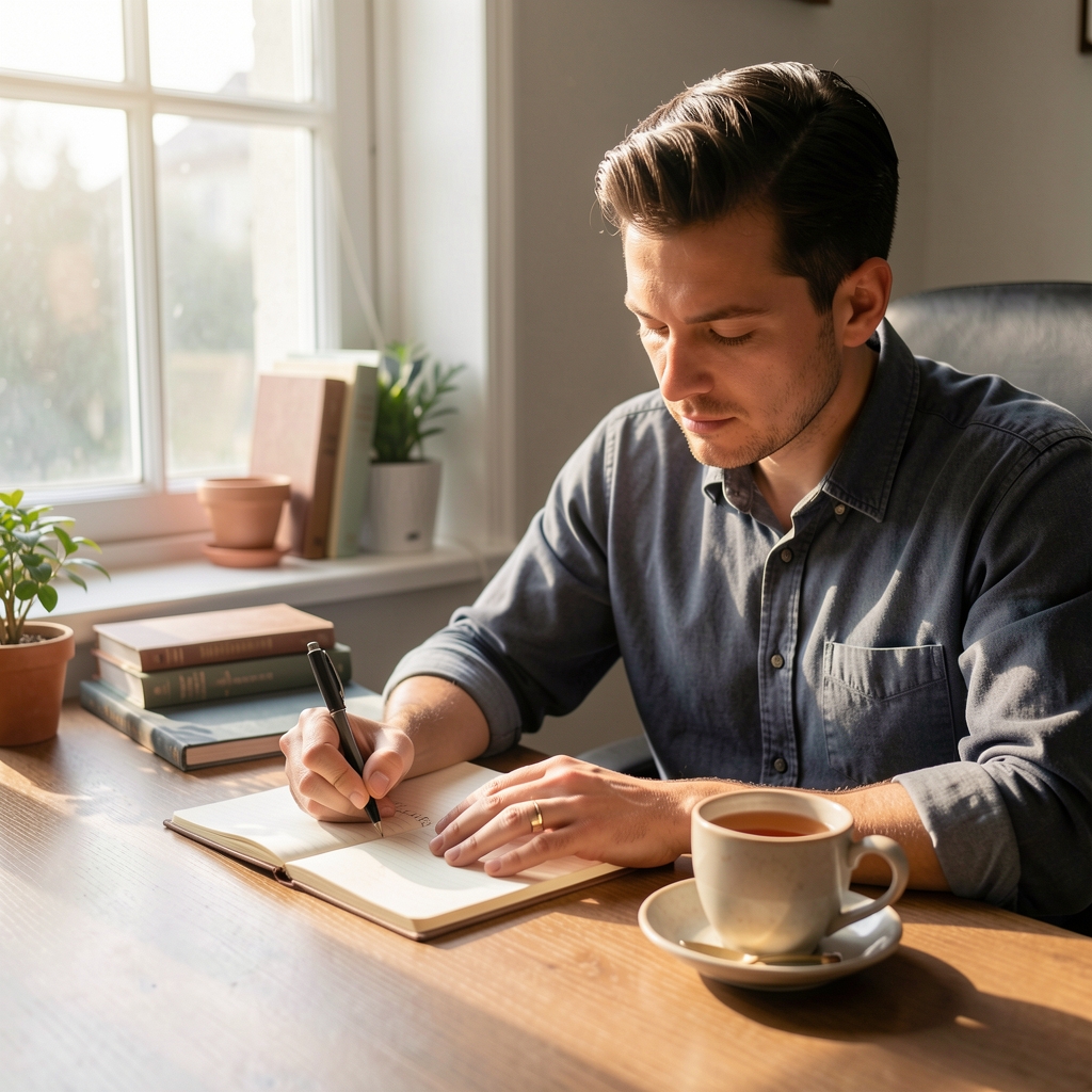 Man sitting at a desk in early morning light writing in a notebook beside a cup of tea, natural light entering through a window, calm and unhurried domestic scene
