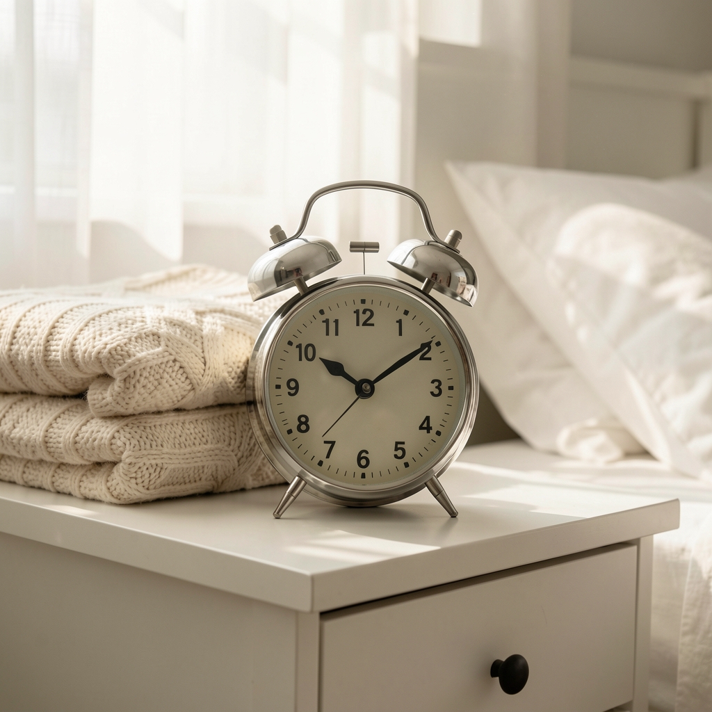 Close-up of an analogue alarm clock on a white bedside table surrounded by a weighted blanket folded neatly, soft morning light filtering through sheer curtains
