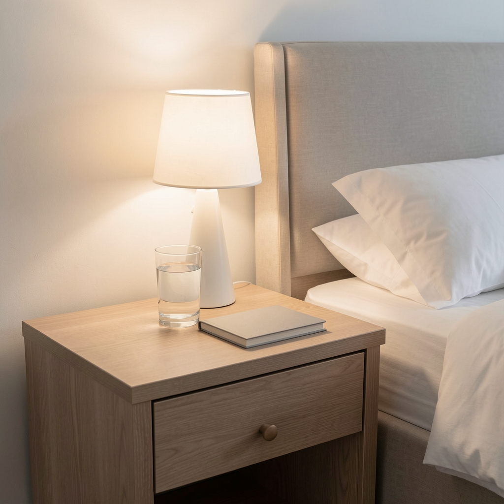 Neat bedroom corner showing a bedside table with only a glass of water and a closed notebook, no screens, soft lamp light, clean and uncluttered arrangement