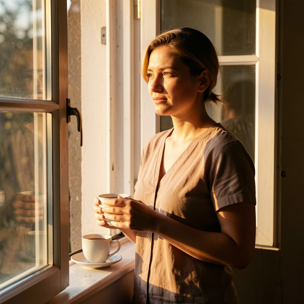 A person standing near an open window in the morning with warm natural sunlight falling across their face and hands, a cup of tea resting on the windowsill