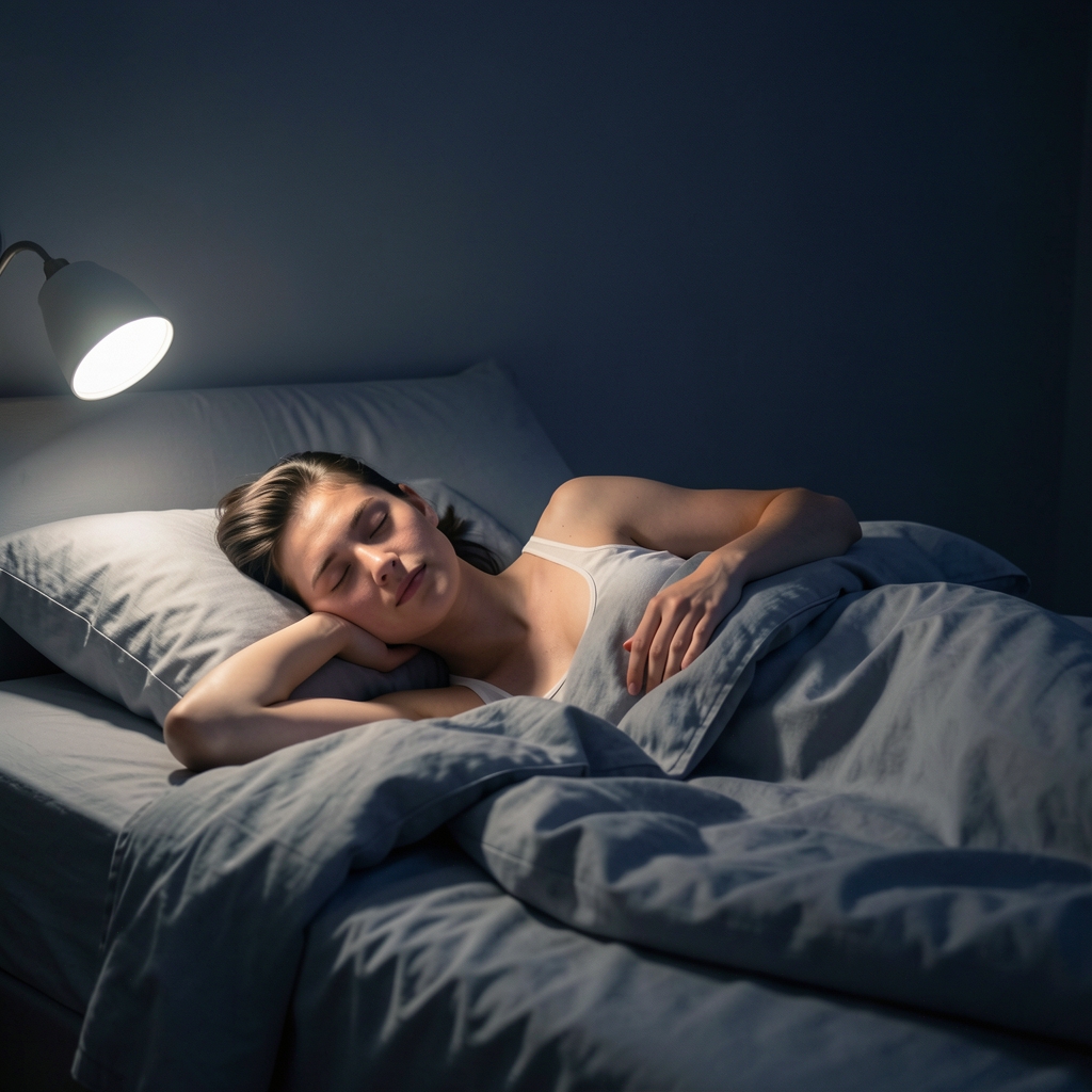 A person lying on a bed in a dark, cool room with a single light source from a bedside lamp, arms relaxed, body in a natural resting position